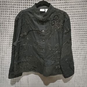 Black Embroidered Floral Jacket XL Chicos3 Whimsy Goth Alt Punk Glam Rock Witchy